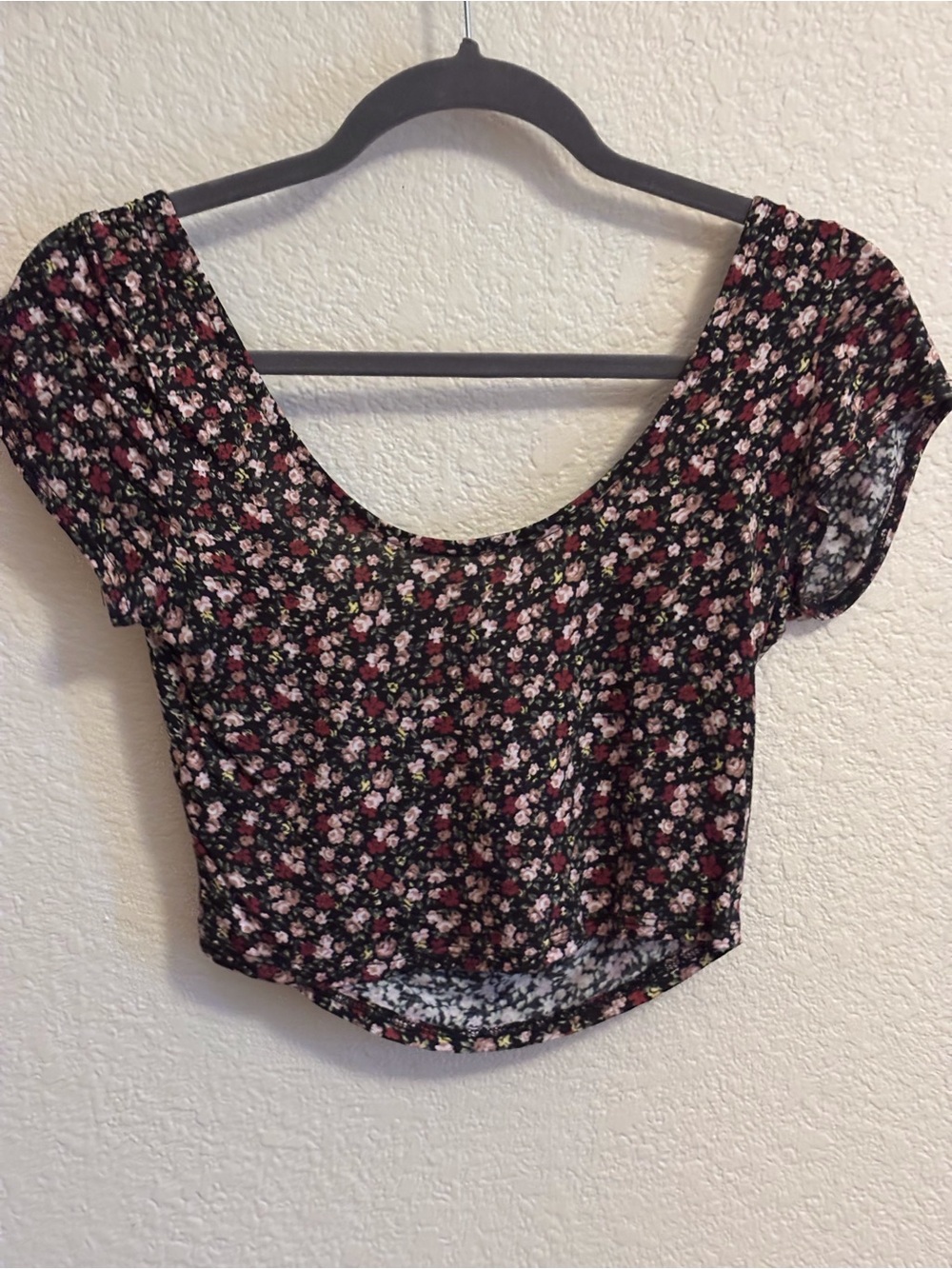 Kirra Black Floral Scoop Neck Crop Top with Pink and White Blossoms